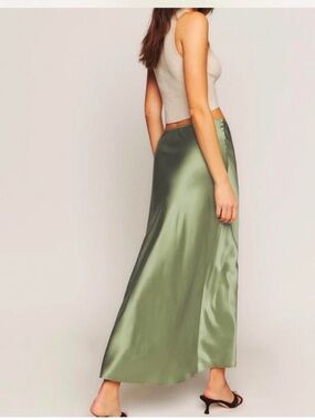Reformation Satin Olive Maxi Slip Skirt